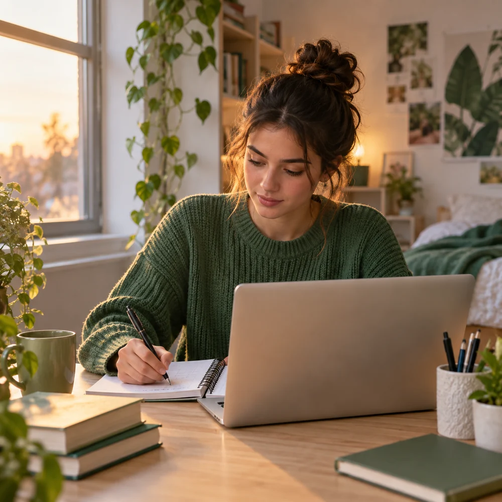 A student learning with a laptop and notebook